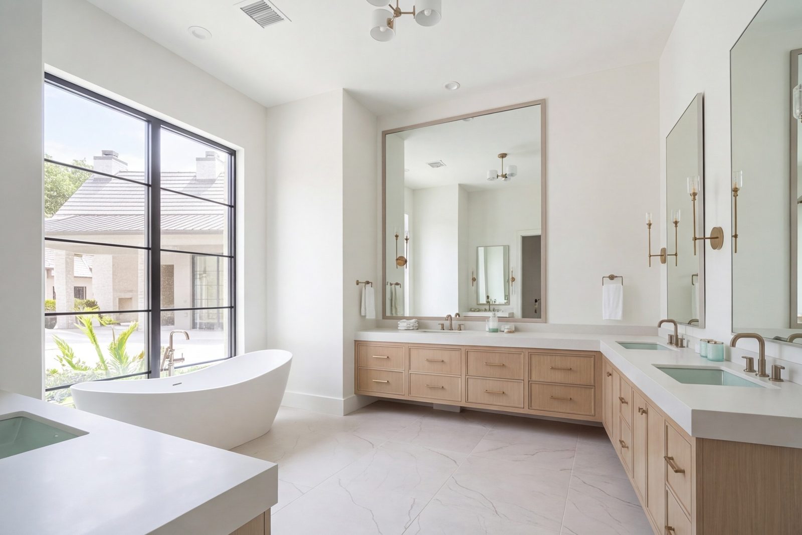 Primary bathroom with double vanity and soaking tub in Friendswood