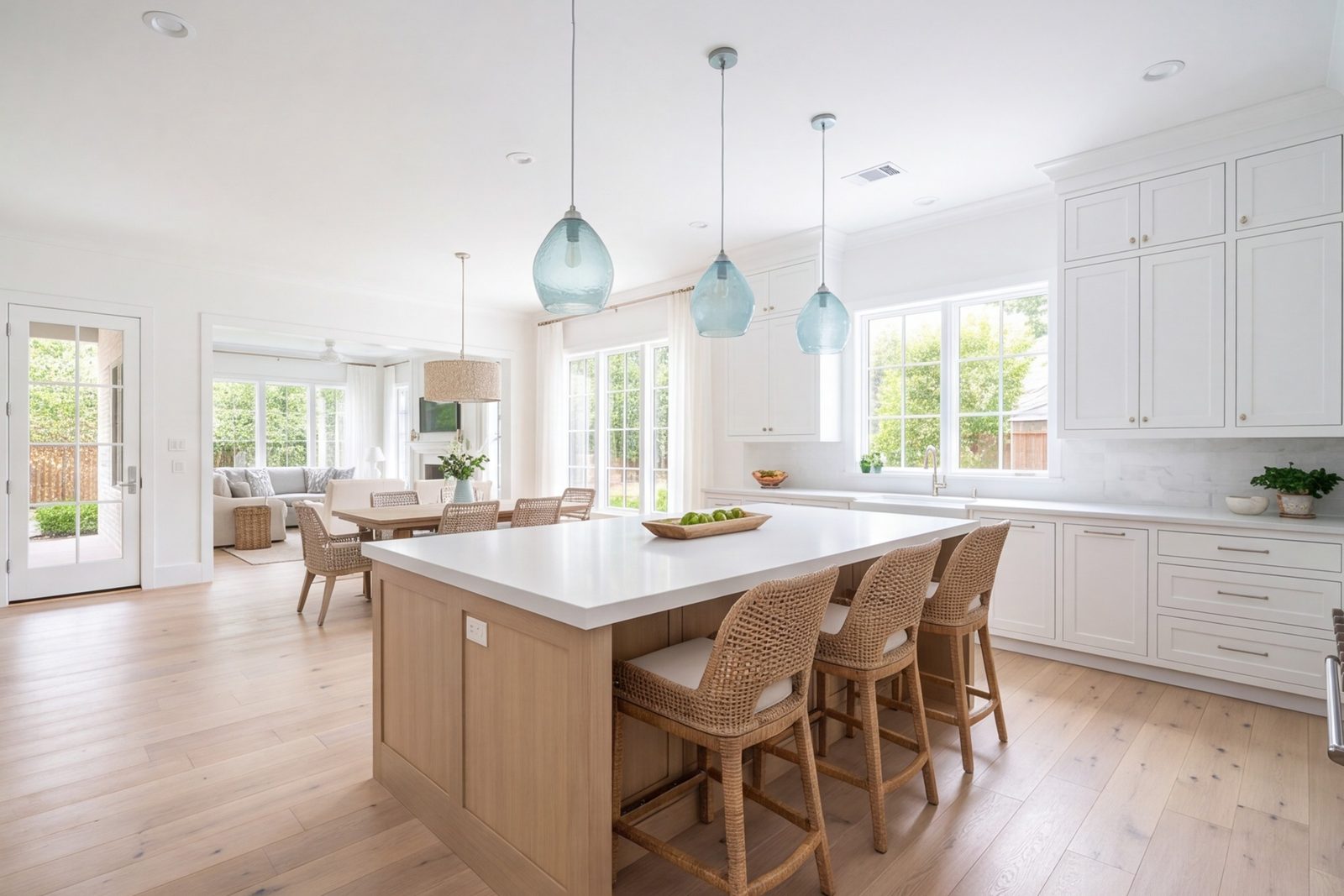 White kitchen with island seating in South Belt