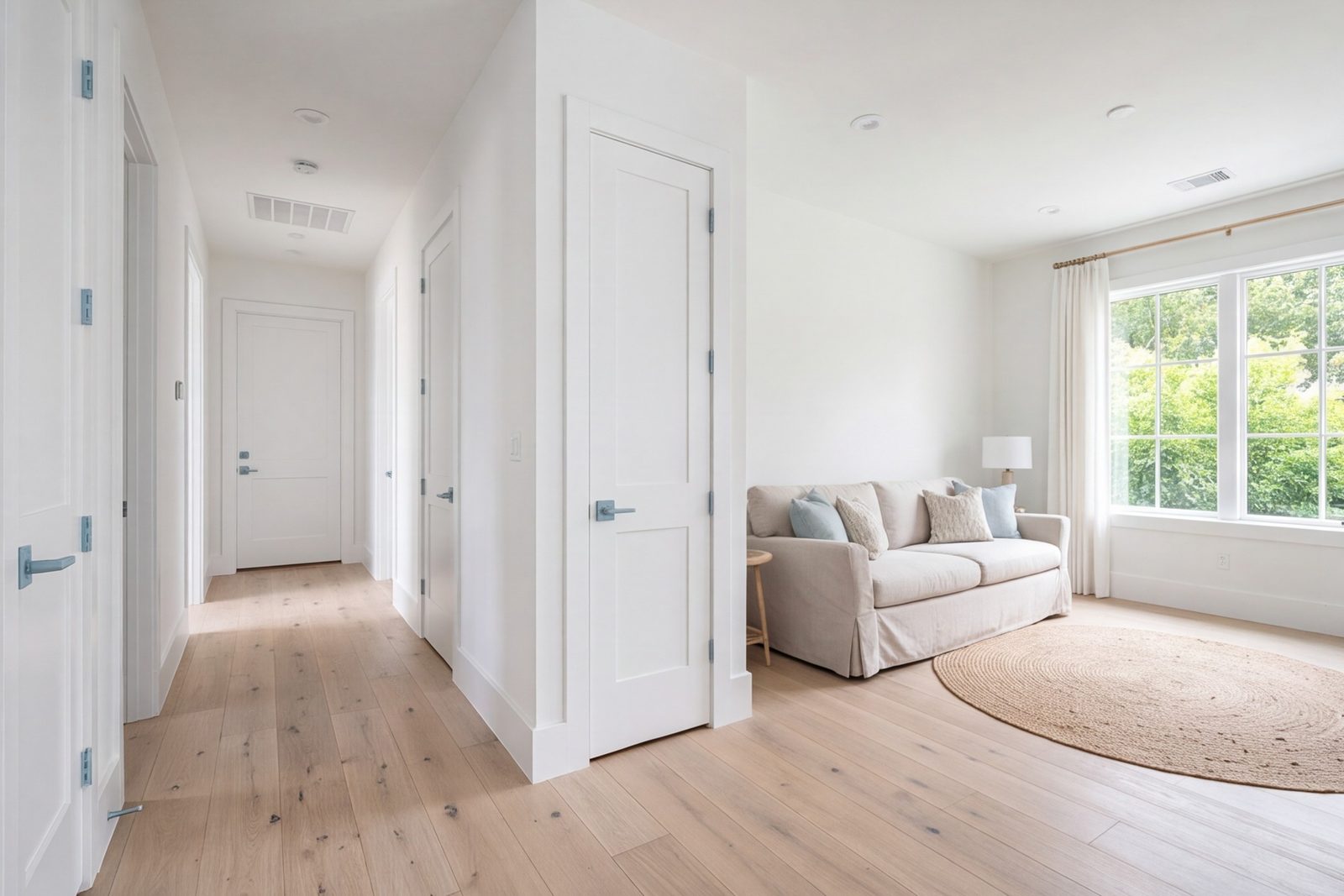 Remodeled hallway and living space with new doors and floors in Pasadena