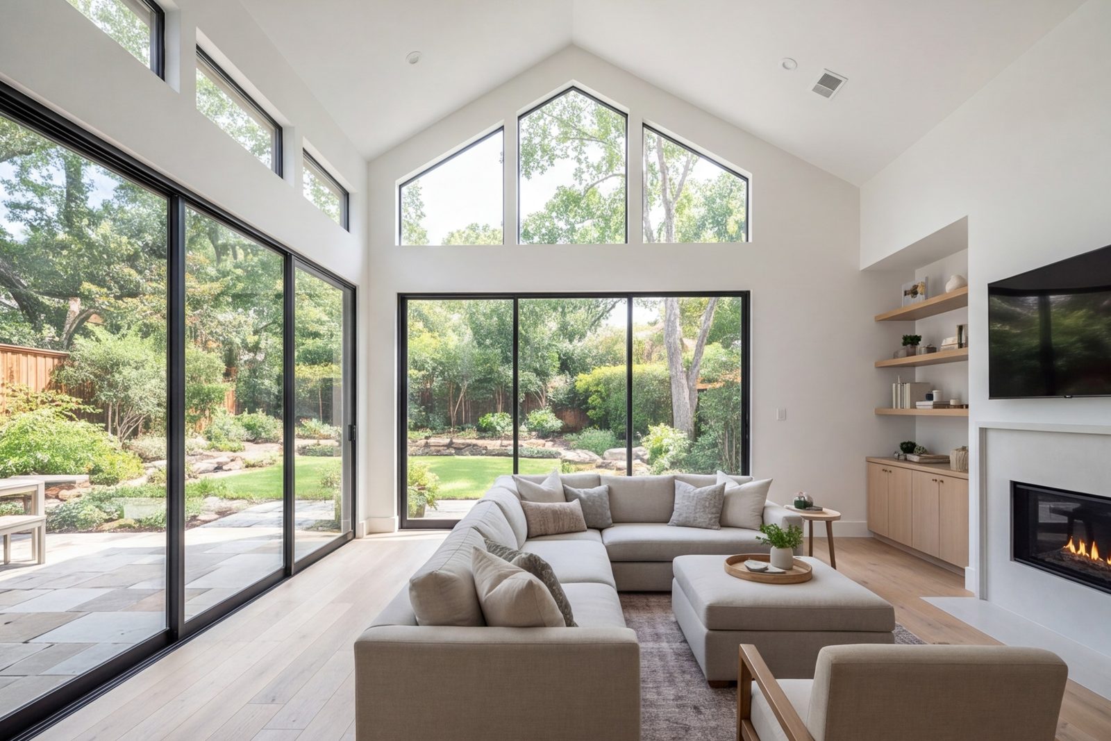 New family room addition with tall windows to the back yard