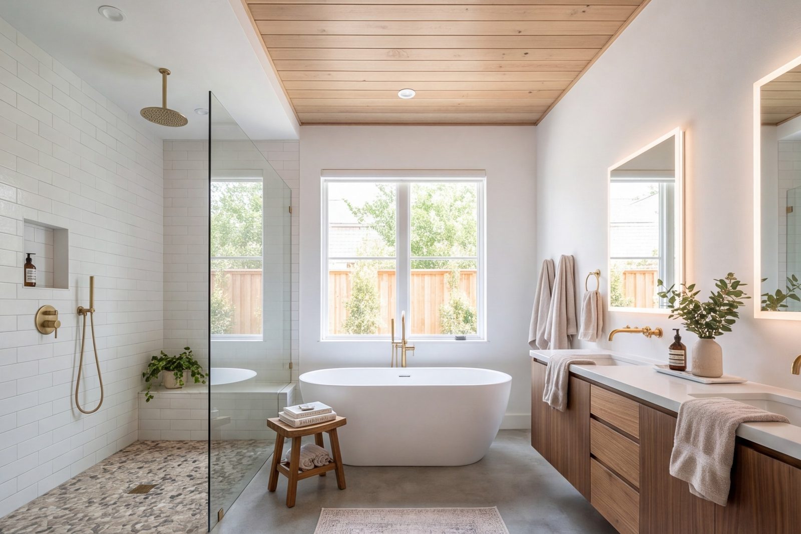 Remodeled bathroom with a curbless shower, freestanding tub and vanity