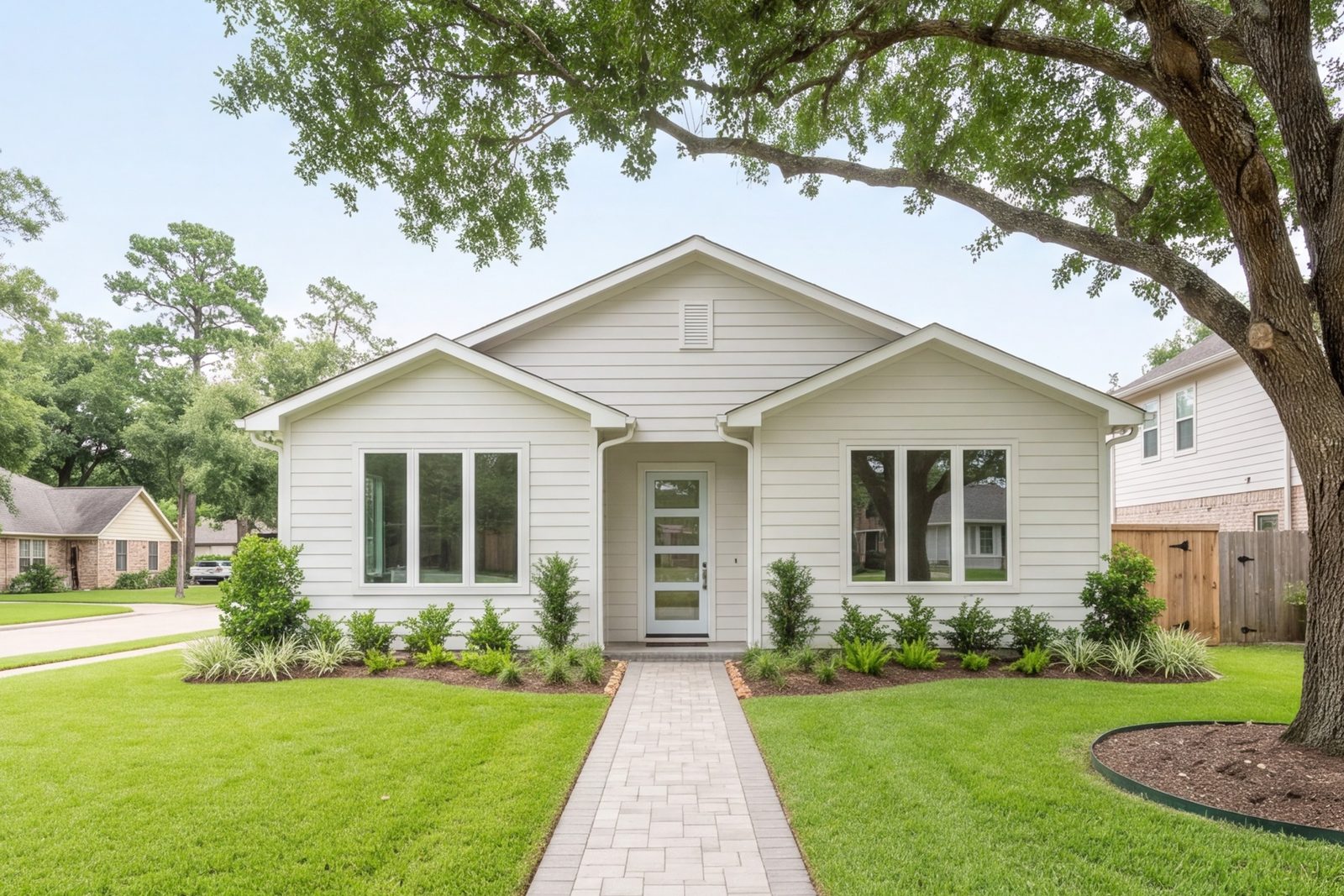 Front of a remodeled Houston home with new siding and entry