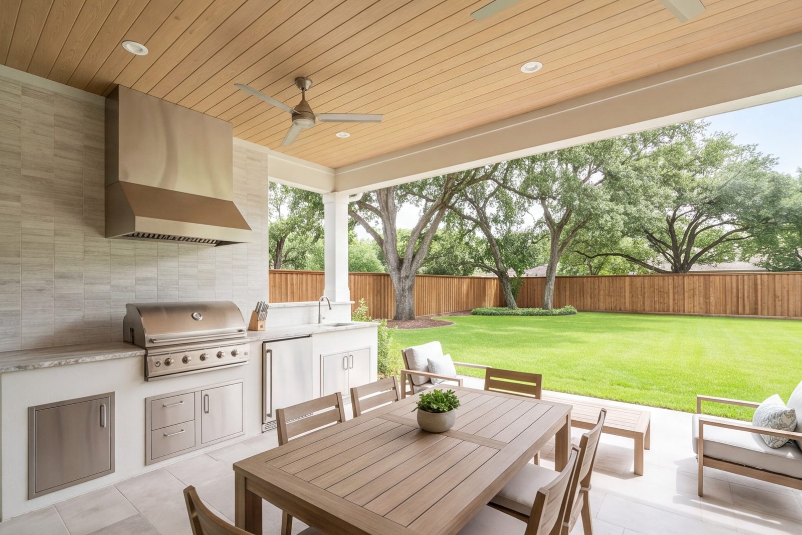 Covered patio with an outdoor kitchen and seating